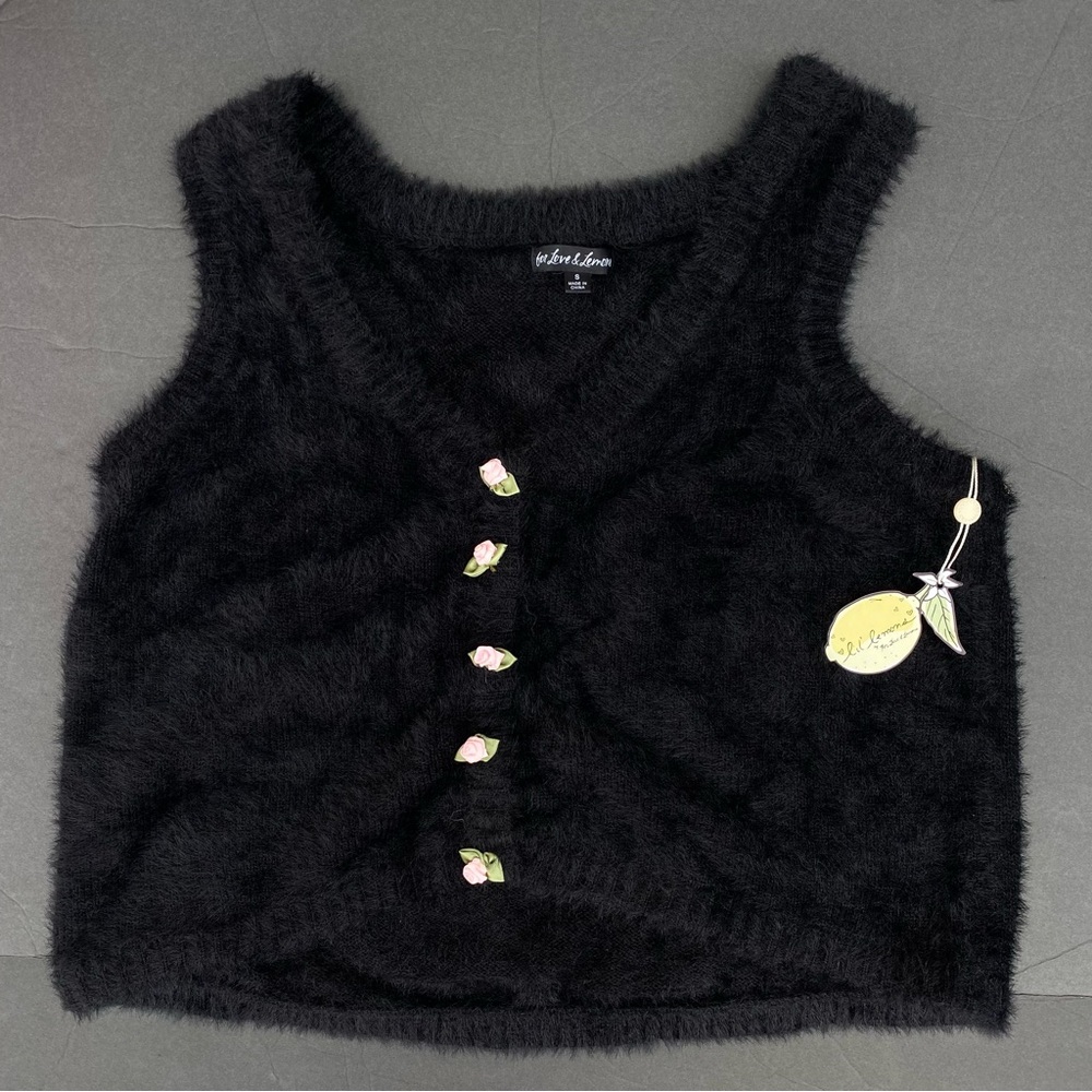 For Love and Lemons Anastasia Sweater Fuzzy Black Vest size Small NWT